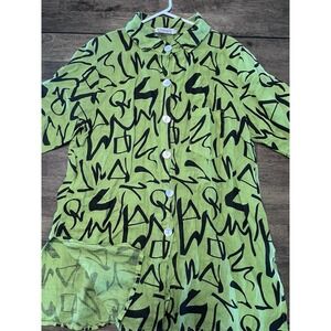 TRANSPARENTE Abstract Graphic Print Linen Blend Shirt Dress Lime Black Size 1X